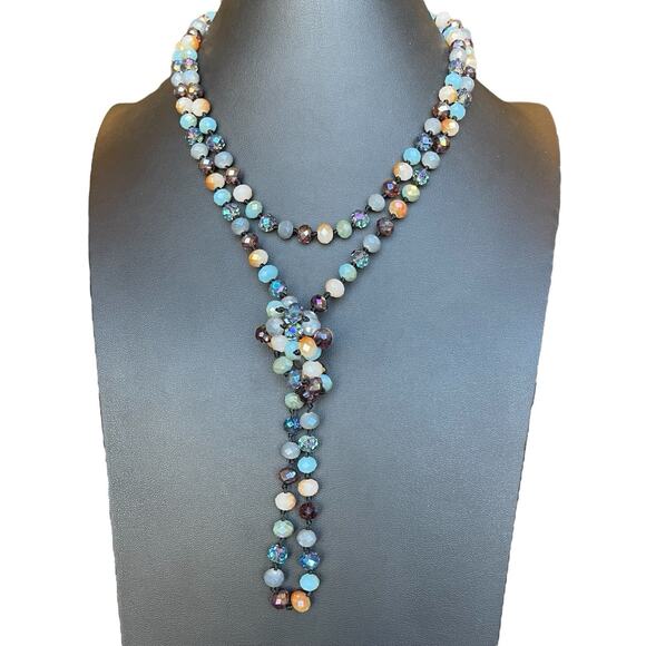 Unbranded Jewelry - 54” Hand Knotted Blue Multicolors Faceted Glass Bead Flapper Style Necklace